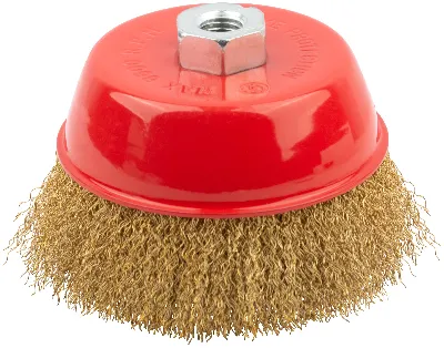 Кордщетка-чашка, гайка М14, стальная латунированная волнистая проволока 125 мм