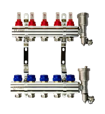 Коллекторная группа FHF-5RF set 5 контуров 1' х 3/4' с расходомерами, воздухоотводчиками и кронштейнами