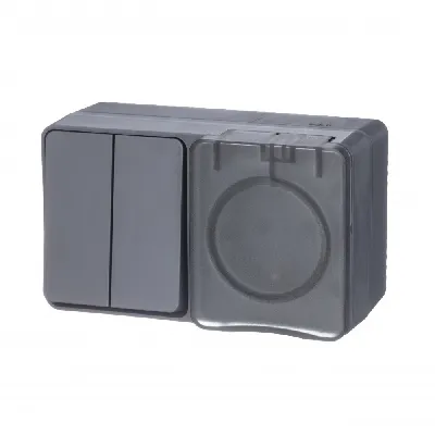 AtlasDesign Profi54 БЛОК: розетка с  заземлением со шторками 16А 250B, выключатель двухклавишный IP54 10А, АНТРАЦИТ, Россия