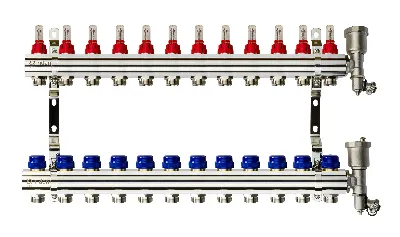Коллекторная группа FHF-12RF set 12 контуров 1' х 3/4' с расходомерами, воздухоотводчиками и кронштейнами