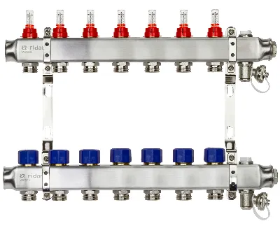 Коллекторная группа SSM-7RF set 7 контуров 1' x 3/4' с расходомерами и кронштейнами