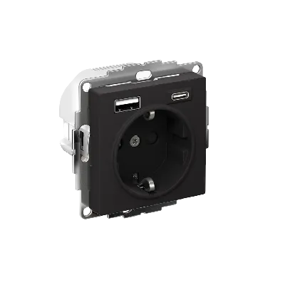 РОЗЕТКА 16А c 2 USB A+С, мех, КАРБОН