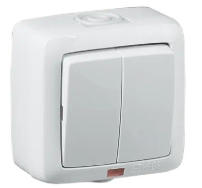 Выключатель двухклавишный наружный с индикацией белый IP44 16А