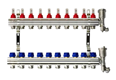Коллекторная группа FHF-10RF set 10 контуров 1' х 3/4' с расходомерами, воздухоотводчиками и кронштейнами