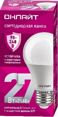 Лампа светодиодная 27вт OLL-A60-27-230-4K-E27 ОНЛАЙТ