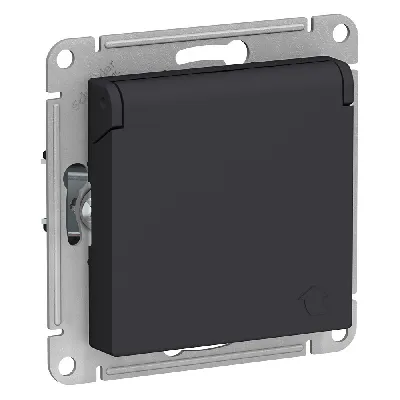 Розетка ATLASDESIGN с заземлением со шторками с крышкой 16А IP20 механизм карбон