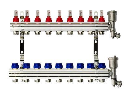 Коллекторная группа FHF-9RF set 9 контуров 1' х 3/4' с расходомерами, воздухоотводчиками и кронштейнами