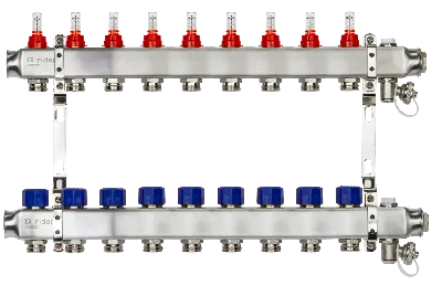 Коллекторная группа SSM-9RF set 9 контуров 1' x 3/4' с расходомерами и кронштейнами