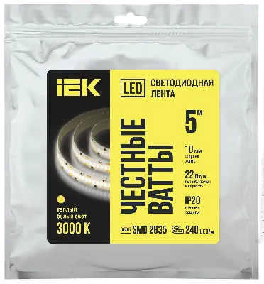 Лента светодиодная 5м SMD2835 240LED/м 22Вт/м IP20 ширина 10мм 24В теплый белый IEK