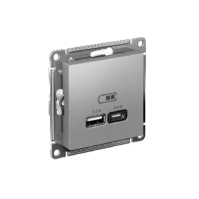 РОЗЕТКА USB ATLASDESIGN A+С, 5В/2,4А, 2х5В/1,2А, механизм, АЛЮМИНИЙ