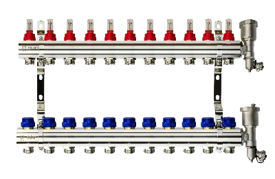 Коллекторная группа FHF-11RF set 11 контуров 1' х 3/4' с расходомерами, воздухоотводчиками и кронштейнами